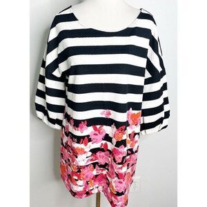 Postage Stamp Anthropologie 3/4 Sleeve Striped Floral Black Red Tunic‎ Top Large